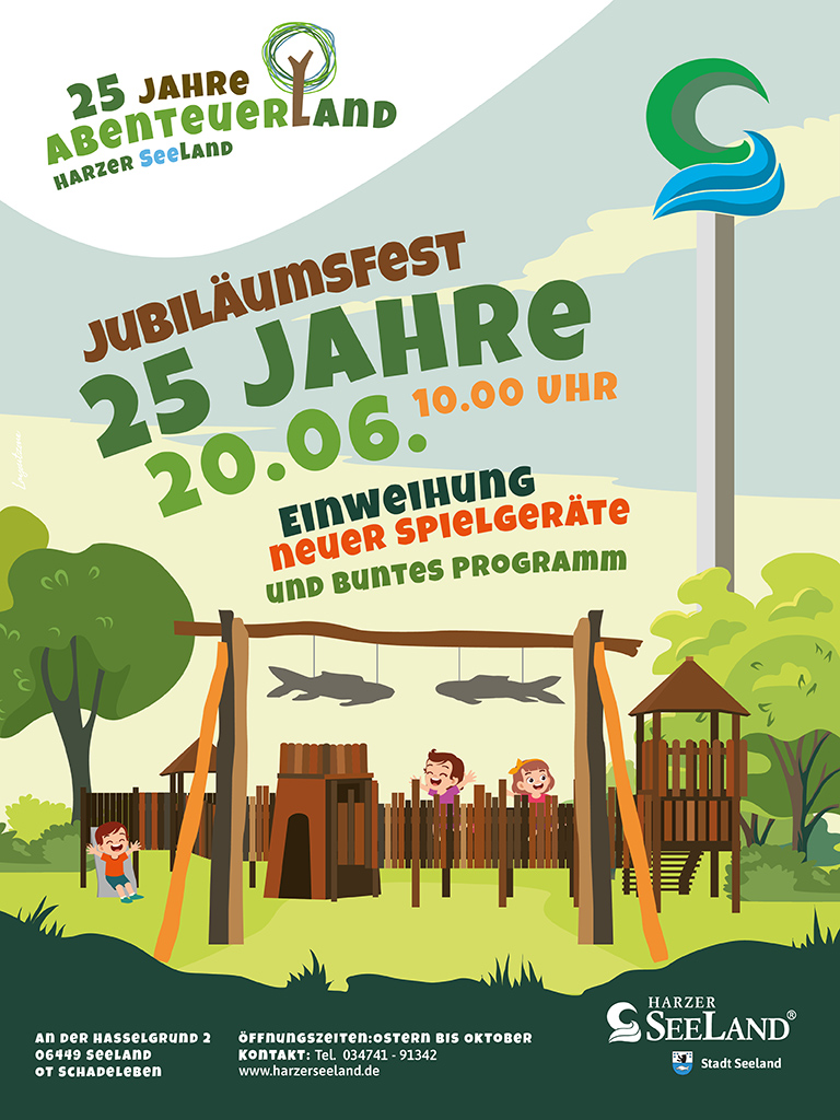 Illustrationsmotiv des Jubiläumfestes 25 Jahre Abenteuerland mit einer gezeichneten Ritterburg und spielenden Kindern